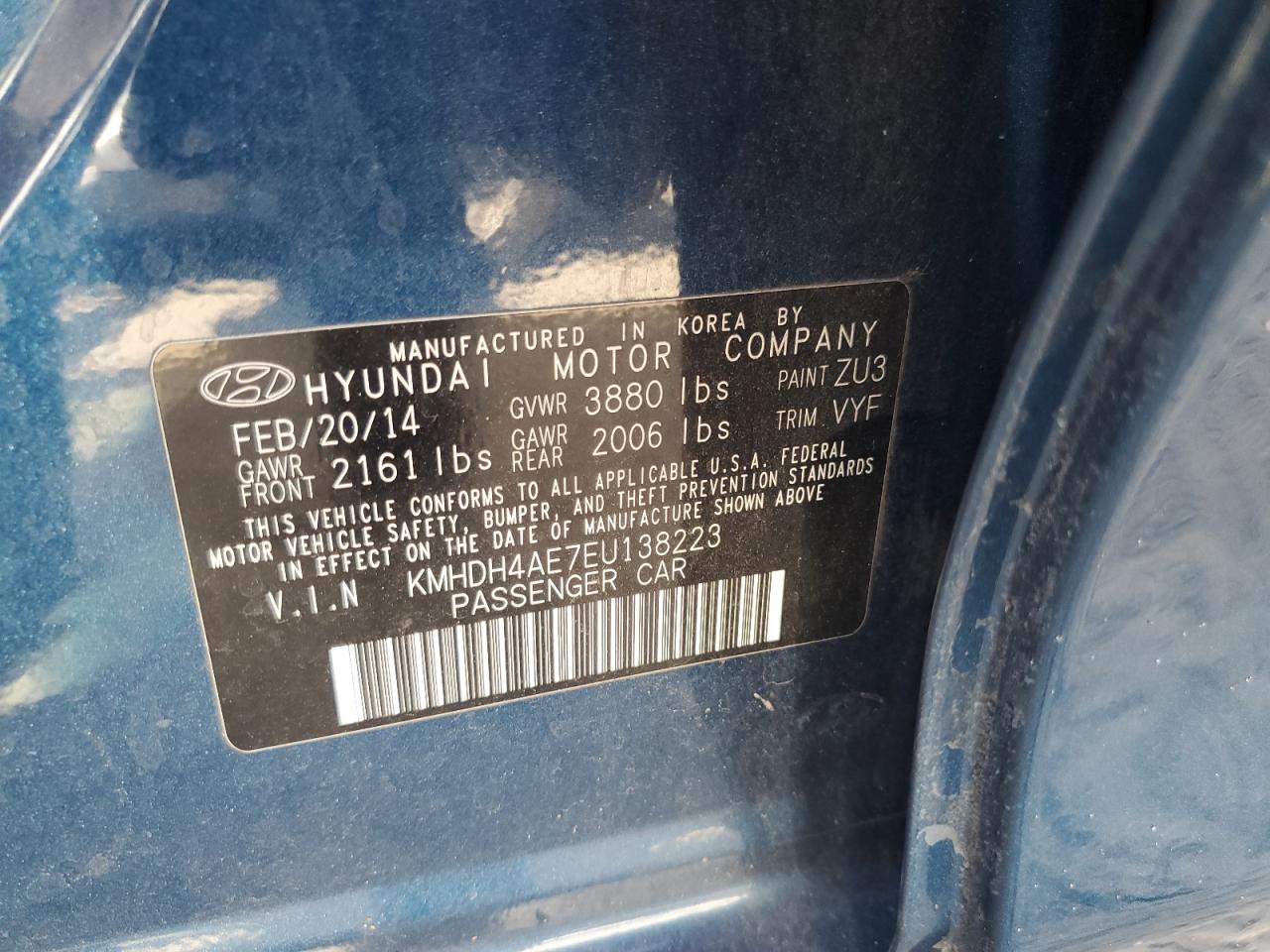 KMHDH4AE7EU138223 2014 Hyundai Elantra Se