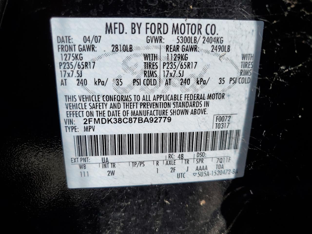 2FMDK38C87BA92779 2007 Ford Edge Sel
