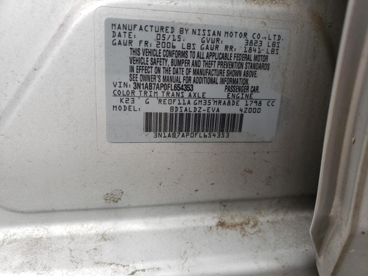 3N1AB7AP0FL654353 2015 Nissan Sentra S