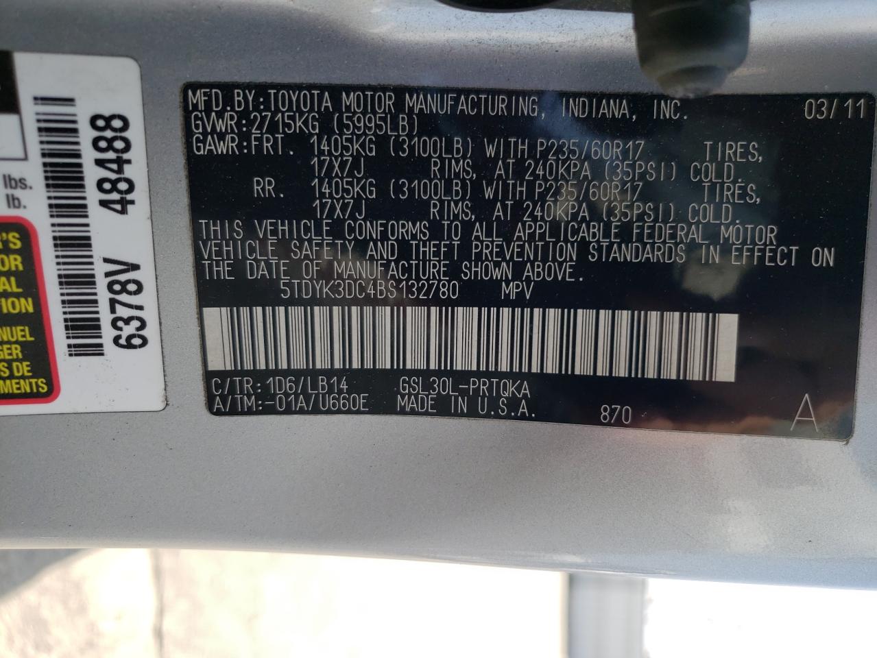 5TDYK3DC4BS132780 2011 Toyota Sienna Xle