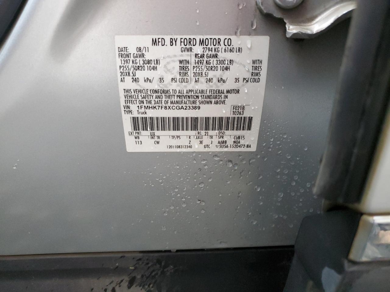 1FMHK7F8XCGA23389 2012 Ford Explorer Limited