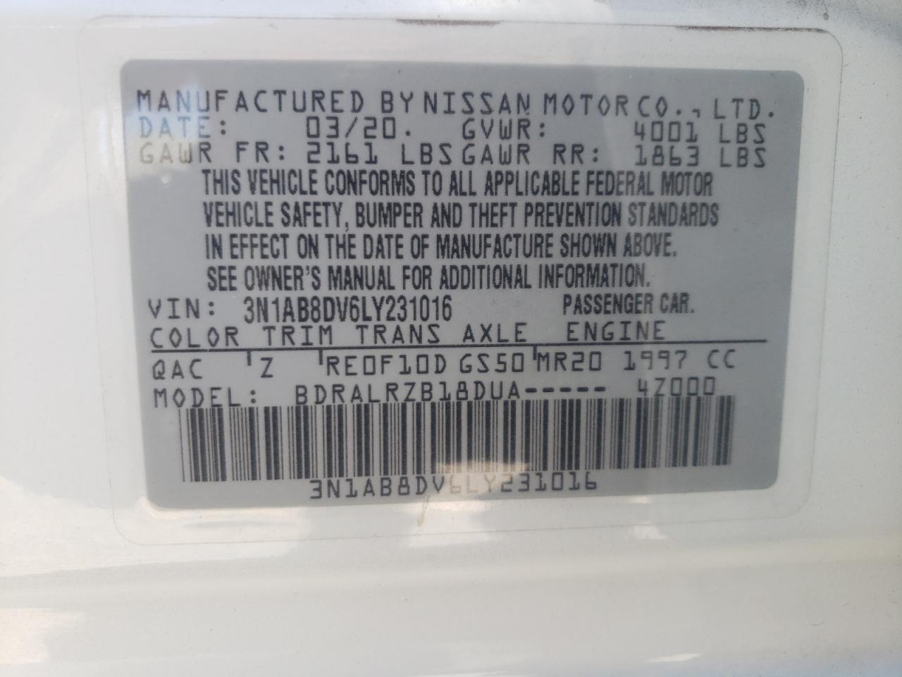 3N1AB8DV6LY231016 2020 Nissan Sentra Sr