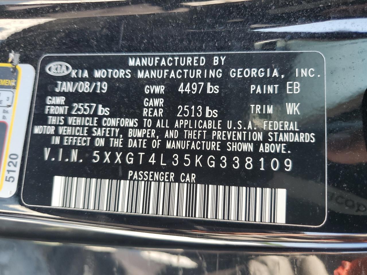 5XXGT4L35KG338109 2019 Kia Optima Lx