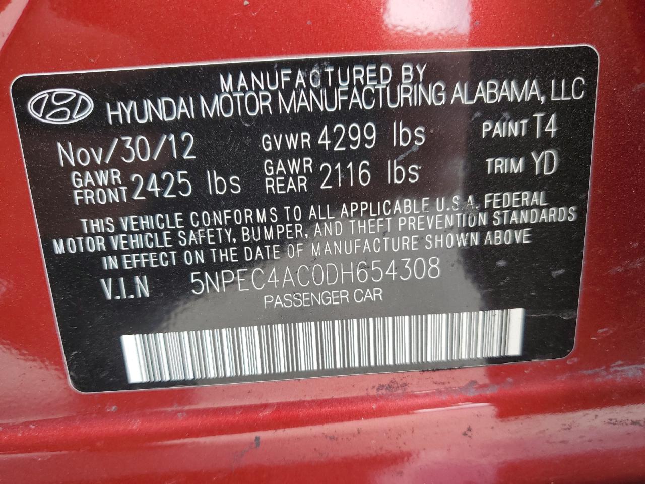 5NPEC4AC0DH654308 2013 Hyundai Sonata Se