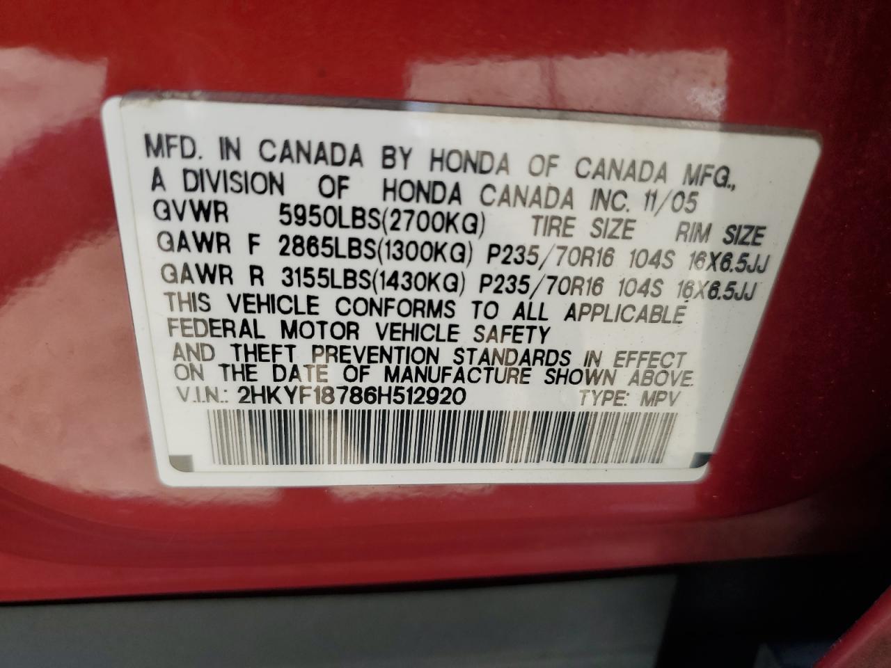 2HKYF18786H512920 2006 Honda Pilot Ex