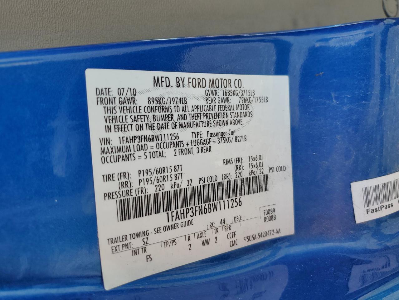 1FAHP3FN6BW111256 2011 Ford Focus Se