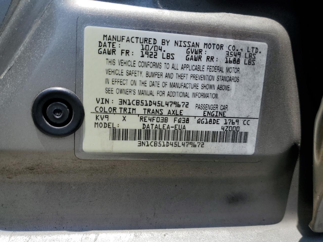 3N1CB51D45L479672 2005 Nissan Sentra 1.8