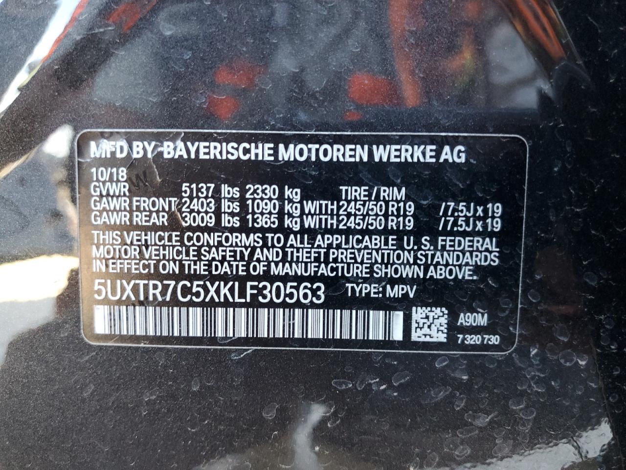 5UXTR7C5XKLF30563 2019 BMW X3 Sdrive30I
