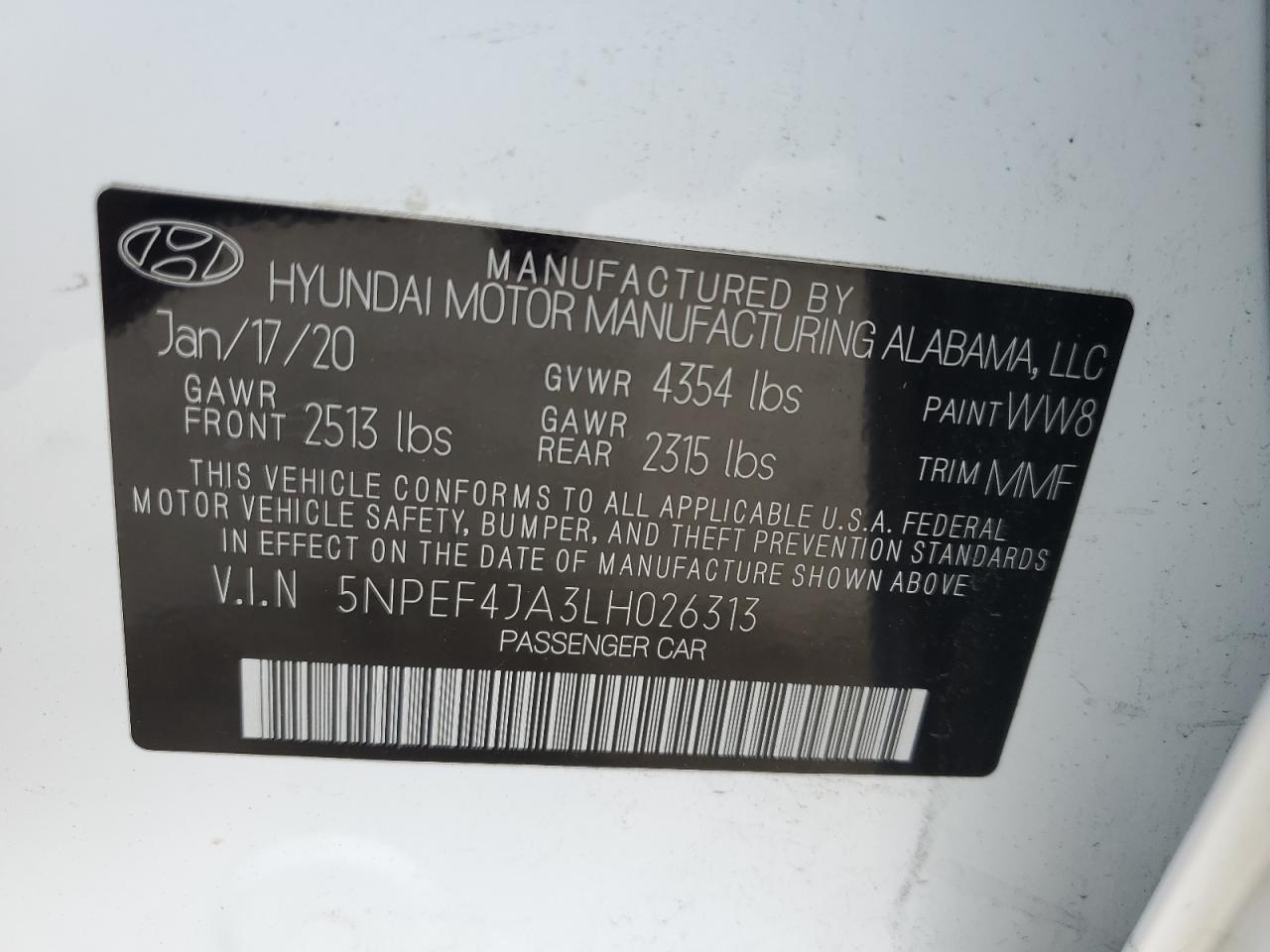 5NPEF4JA3LH026313 2020 Hyundai Sonata Sel