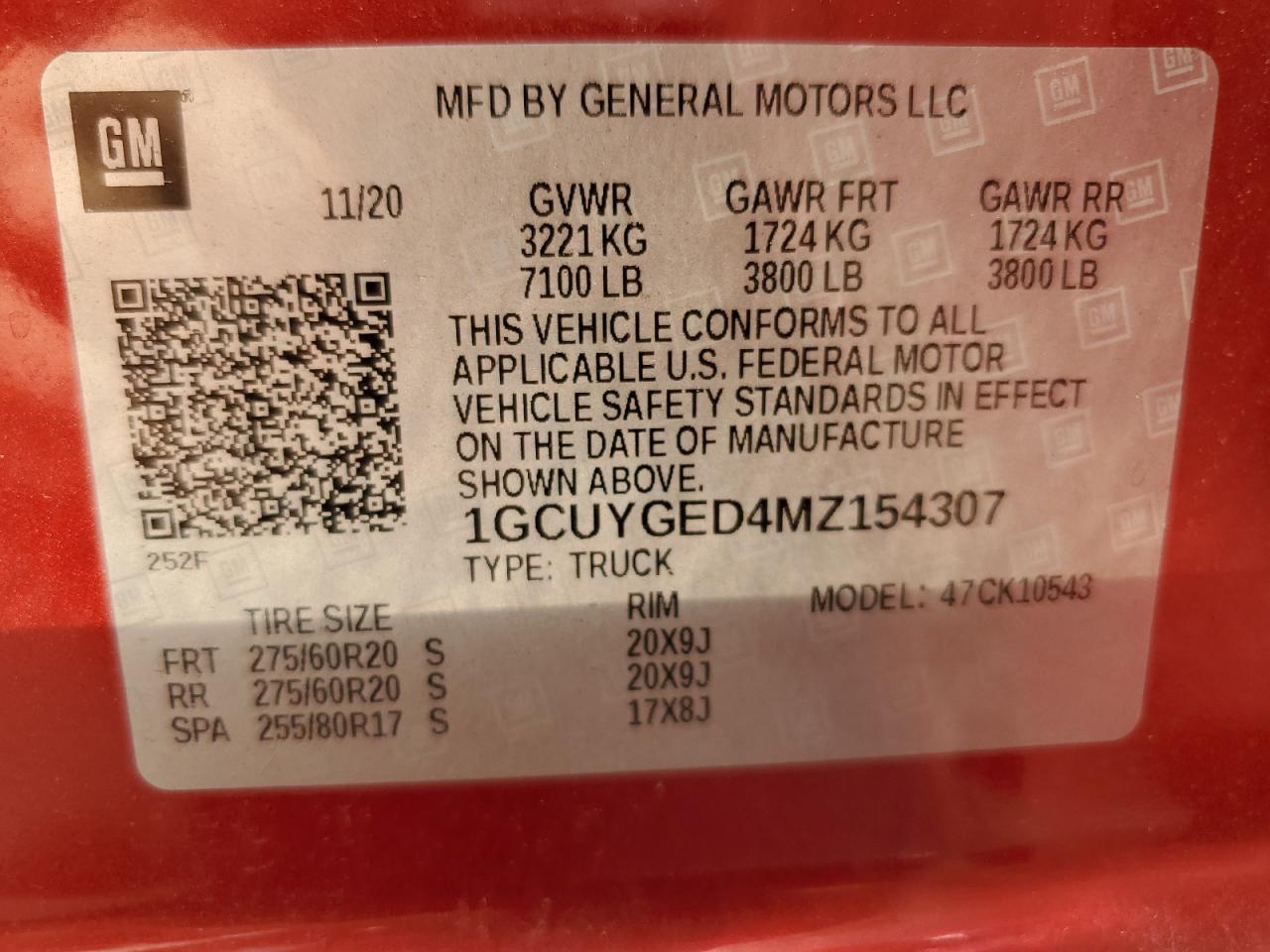 1GCUYGED4MZ154307 CHEVROLET ALL Models 2021