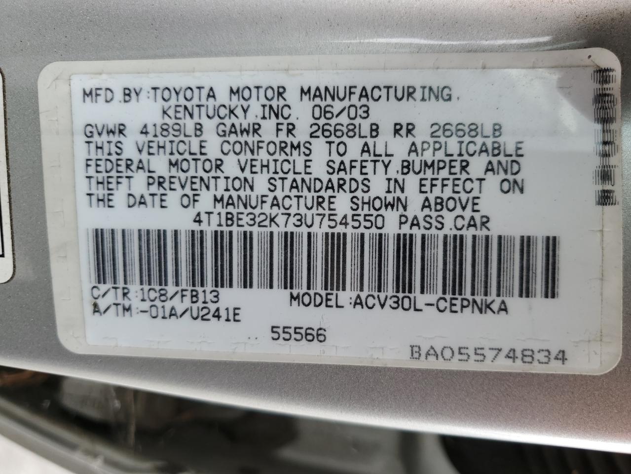 4T1BE32K73U754550 2003 Toyota Camry Le