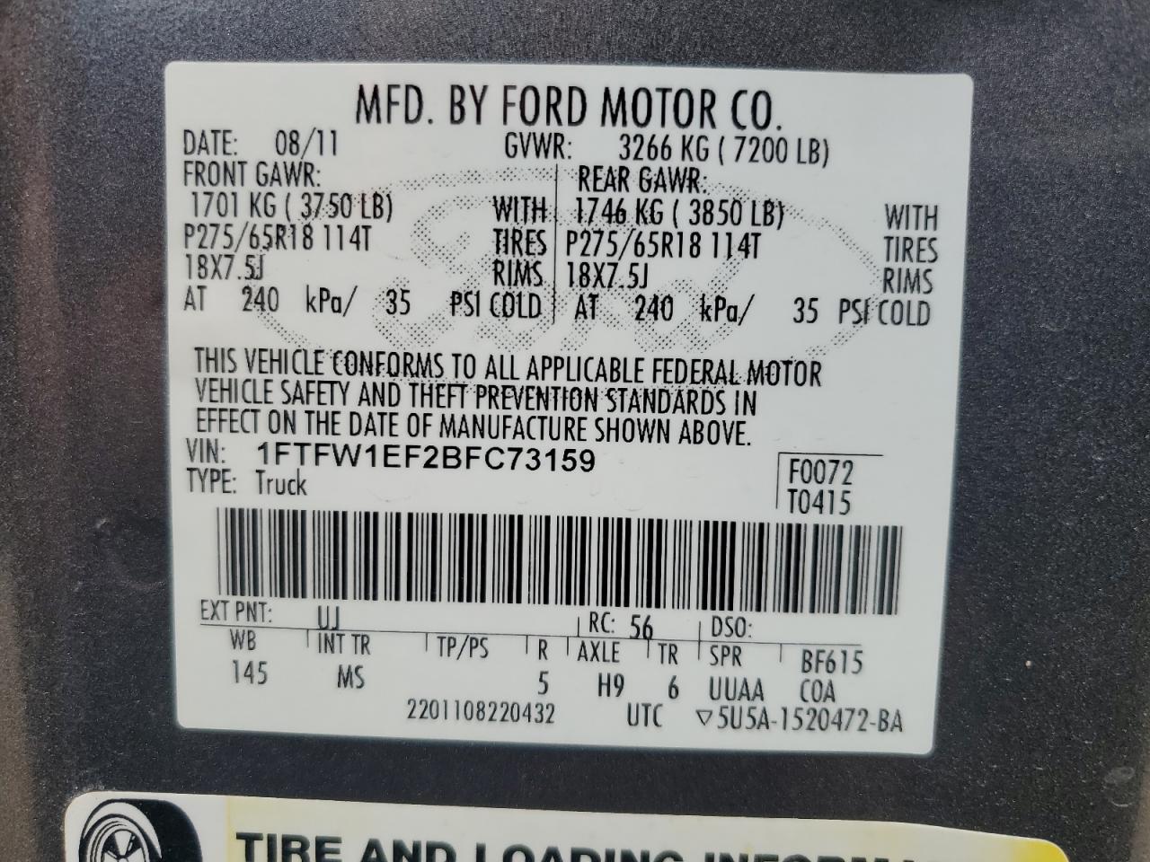 1FTFW1EF2BFC73159 2011 Ford F150 Supercrew