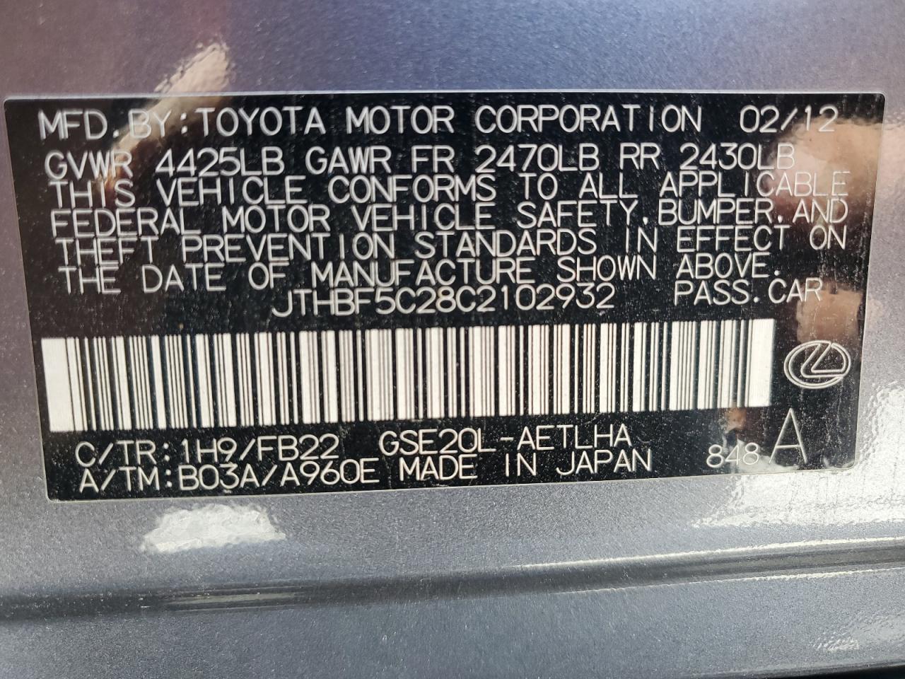 JTHBF5C28C2102932 2012 Lexus Is 250