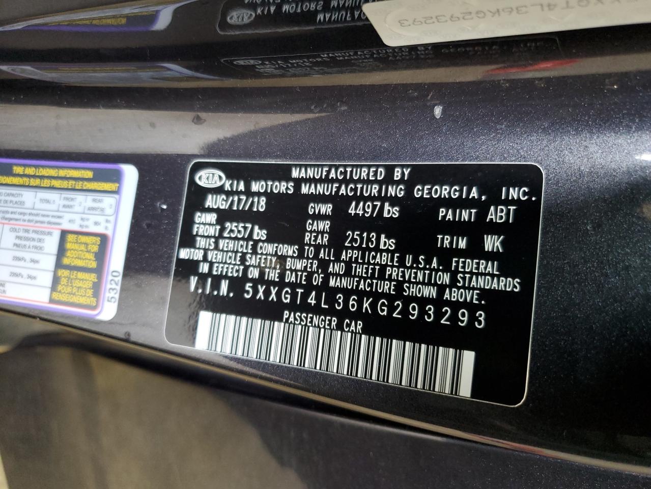 5XXGT4L36KG293293 2019 Kia Optima Lx