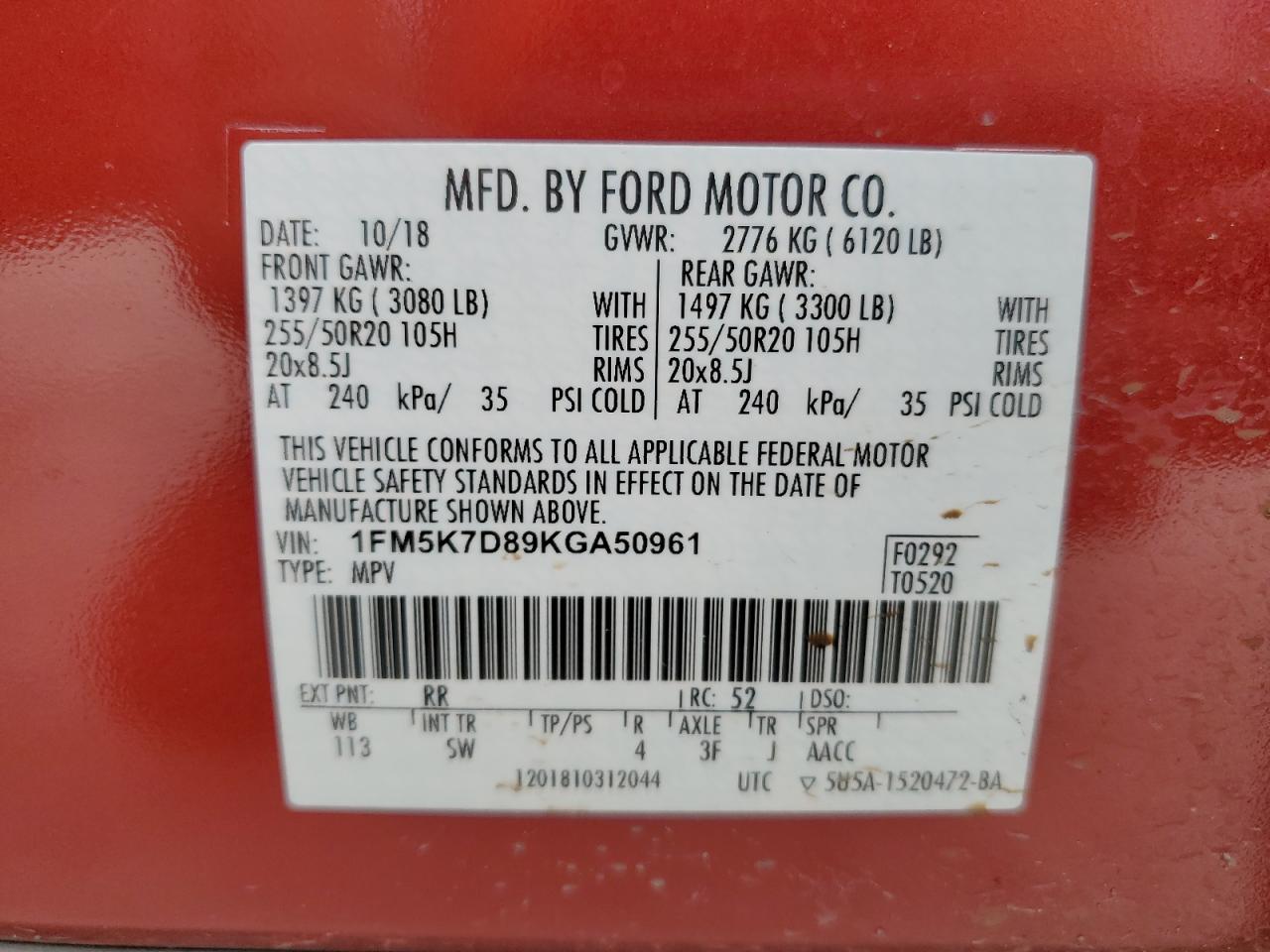 1FM5K7D89KGA50961 FORD EXPLORER 2019