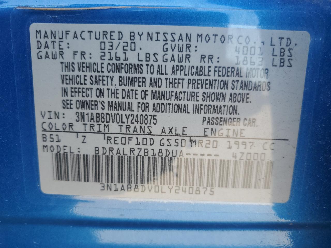 3N1AB8DV0LY240875 2020 Nissan Sentra Sr