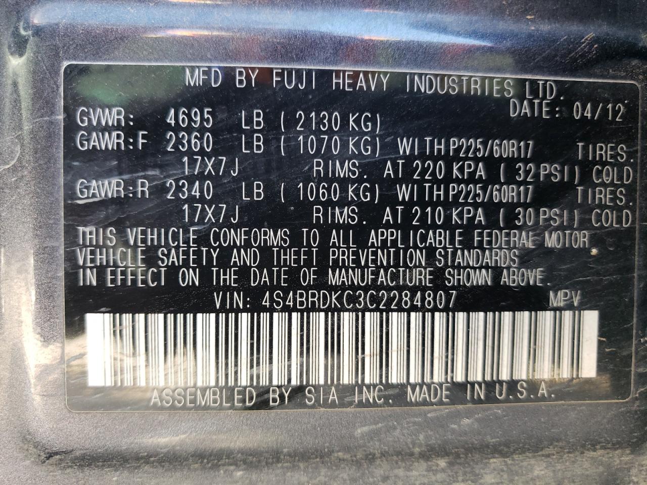 4S4BRDKC3C2284807 2012 Subaru Outback 3.6R Limited