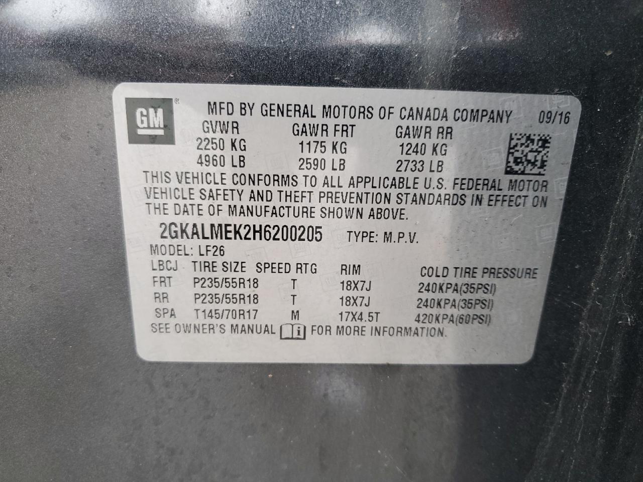 2GKALMEK2H6200205 2017 GMC Terrain Sle