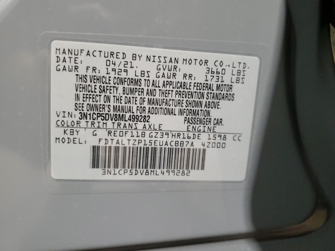 3N1CP5DV8ML499282 2021 Nissan Kicks Sr