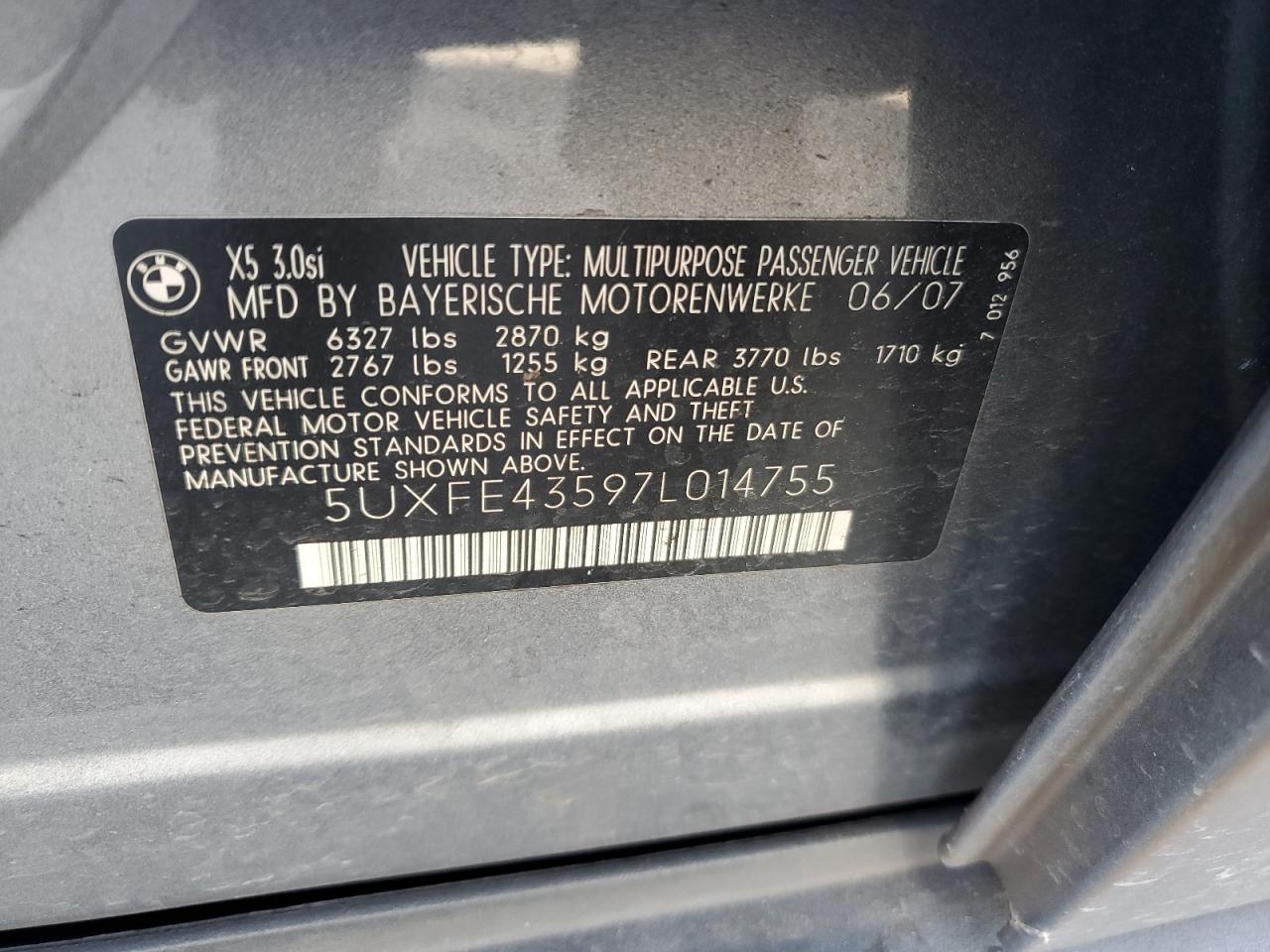 5UXFE43597L014755 2007 BMW X5 3.0I