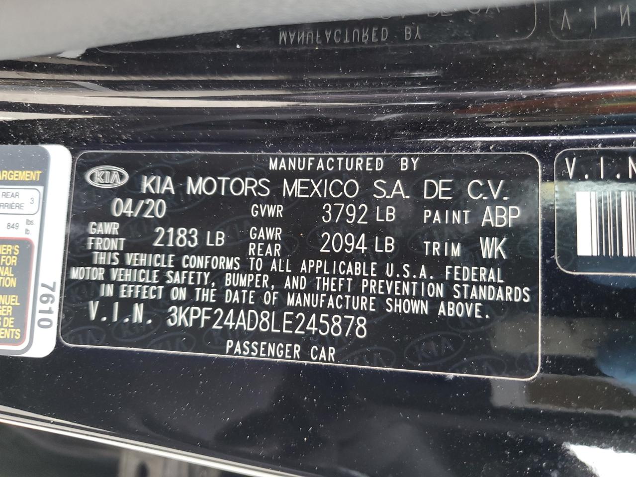 3KPF24AD8LE245878 2020 Kia Forte Fe