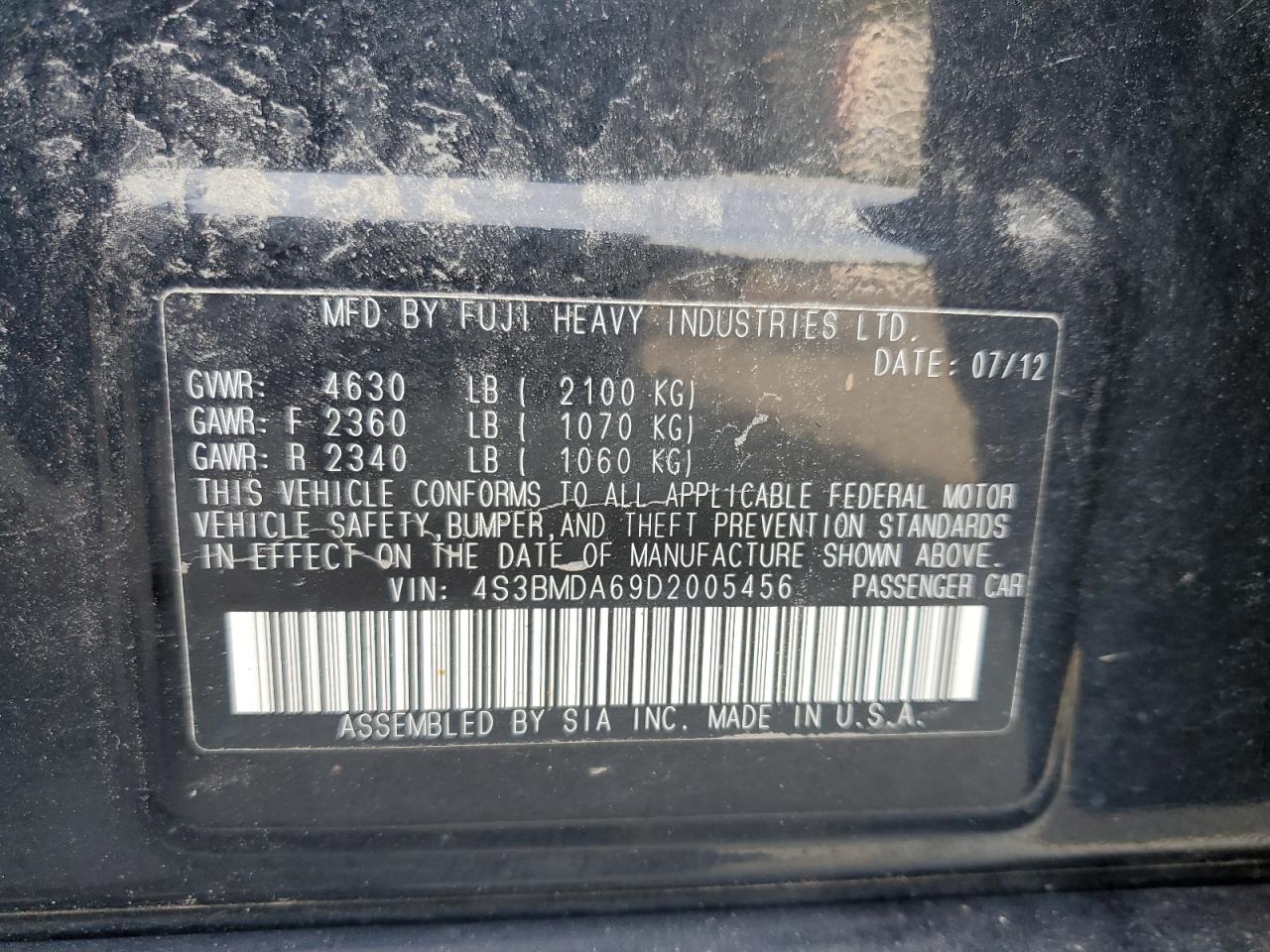 4S3BMDA69D2005456 2013 Subaru Legacy 3.6R