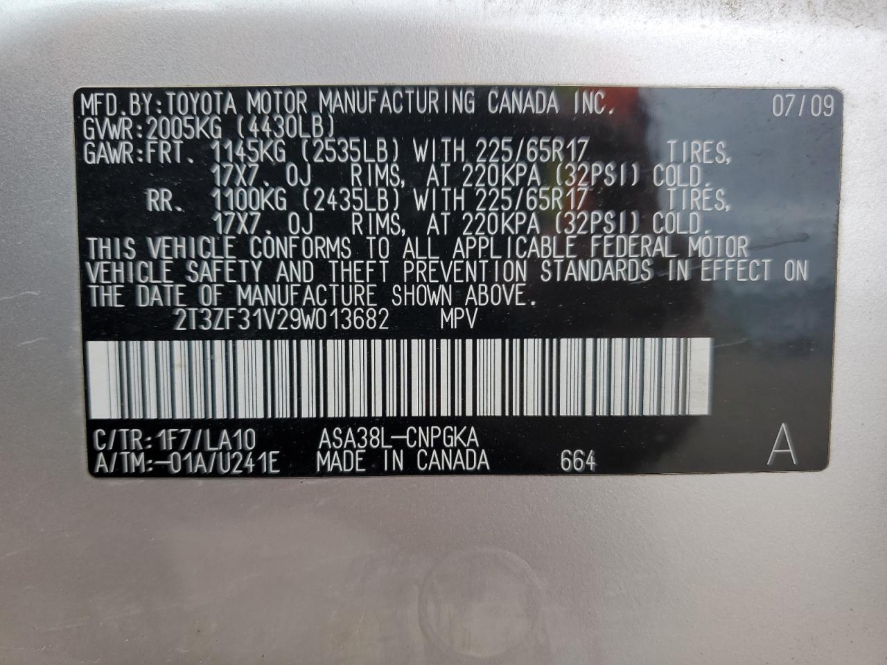 2T3ZF31V29W013682 2009 Toyota Rav4 Limited