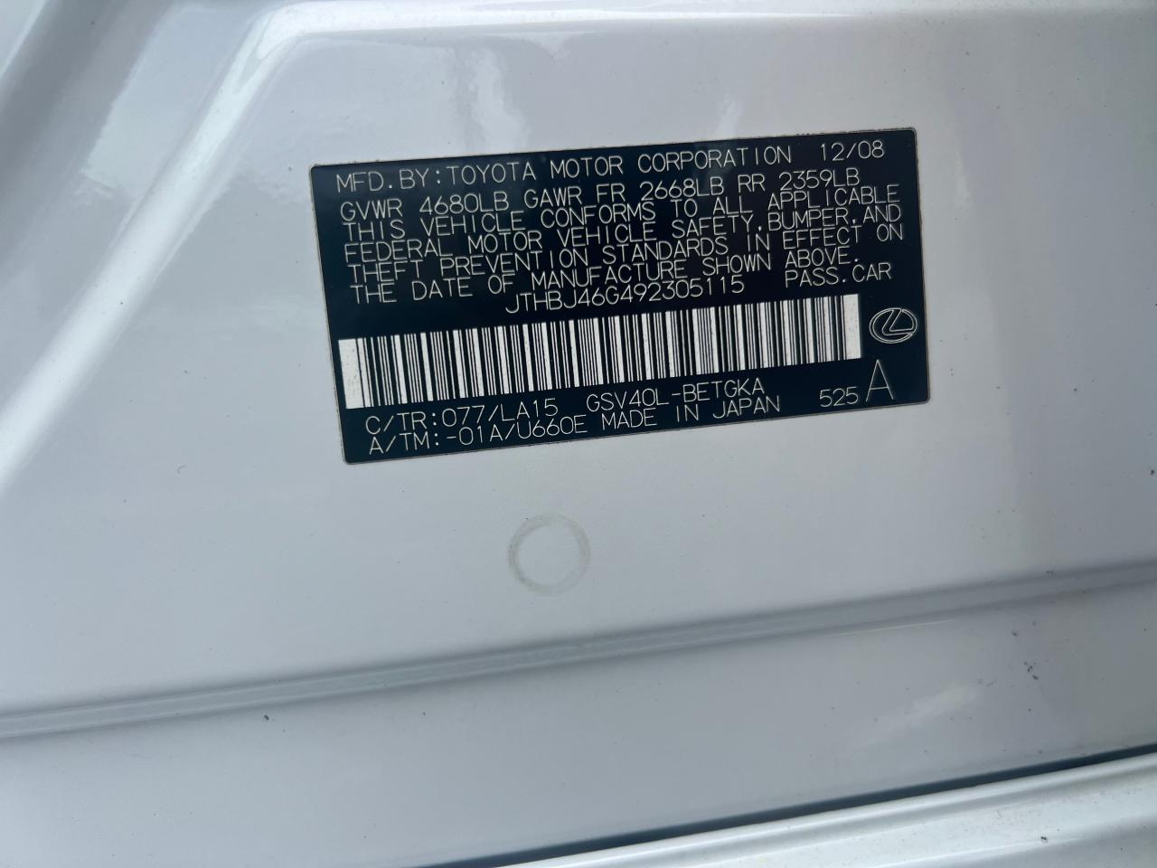 JTHBJ46G492305115 2009 Lexus Es 350