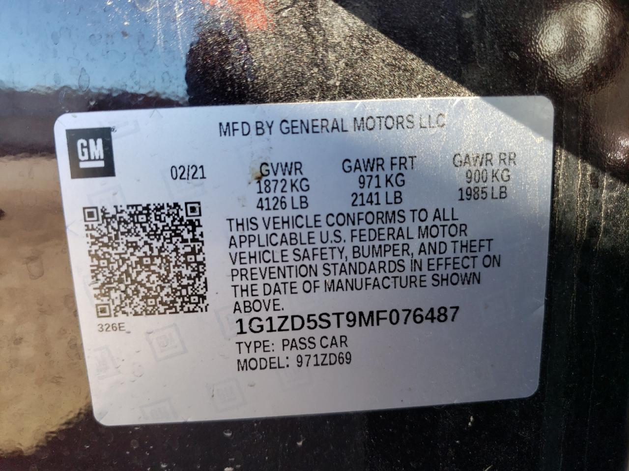 1G1ZD5ST9MF076487 2021 Chevrolet Malibu Lt