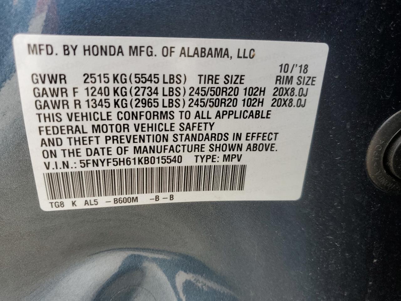 5FNYF5H61KB015540 HONDA PILOT 2019