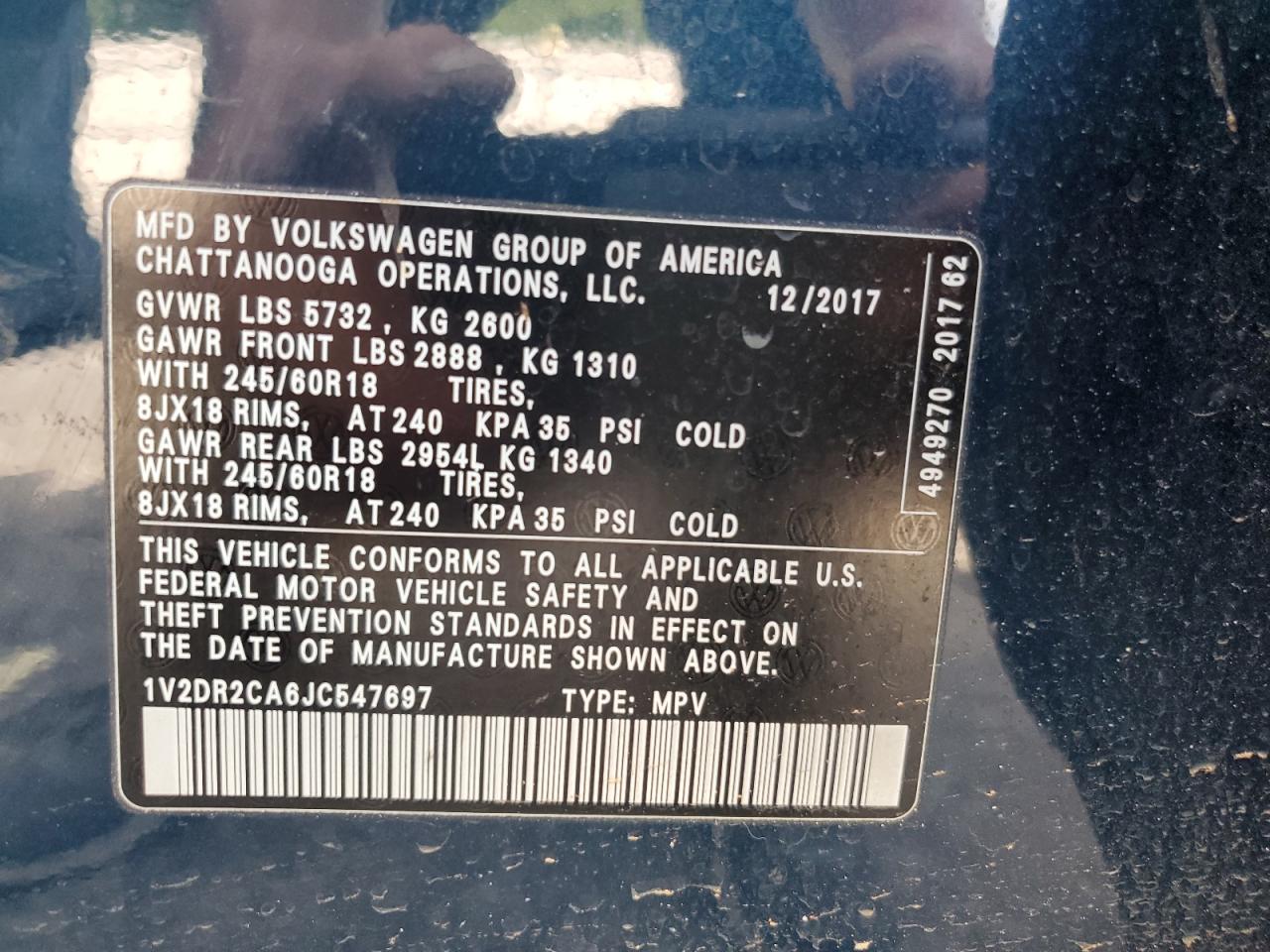 1V2DR2CA6JC547697 2018 Volkswagen Atlas Se