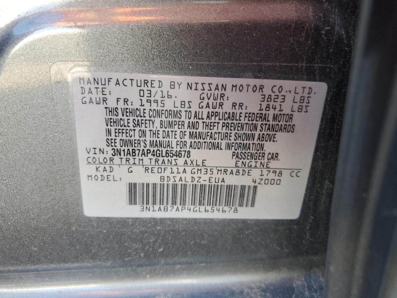 3N1AB7AP4GL654678 NISSAN SENTRA 2016