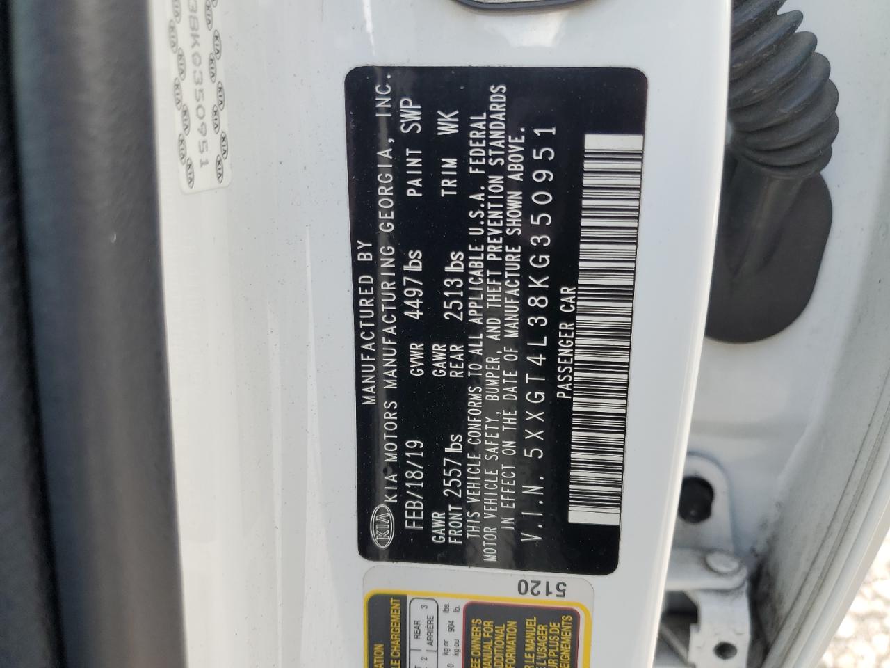 5XXGT4L38KG350951 2019 Kia Optima Lx