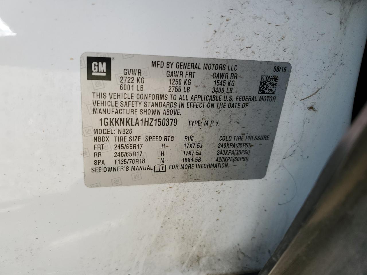 1GKKNKLA1HZ150379 2017 GMC Acadia Sle