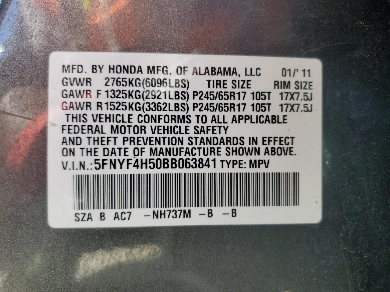 5FNYF4H50BB063841 2011 Honda Pilot Exl