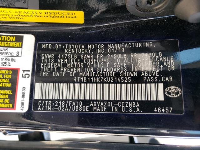 VIN 4T1B11HK7KU214525 2019 Toyota Camry, L no.13