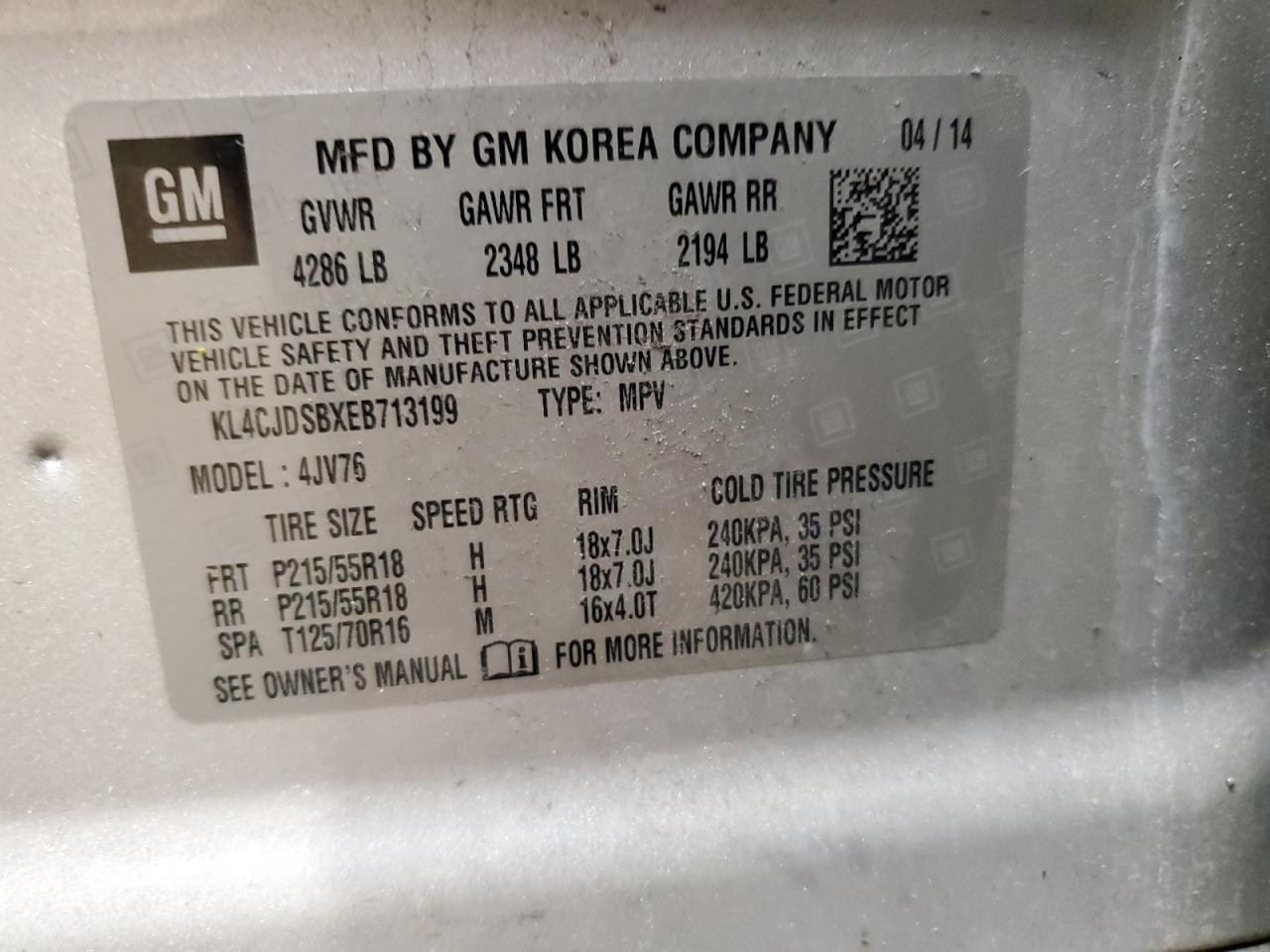 KL4CJDSBXEB713199 2014 Buick Encore Premium