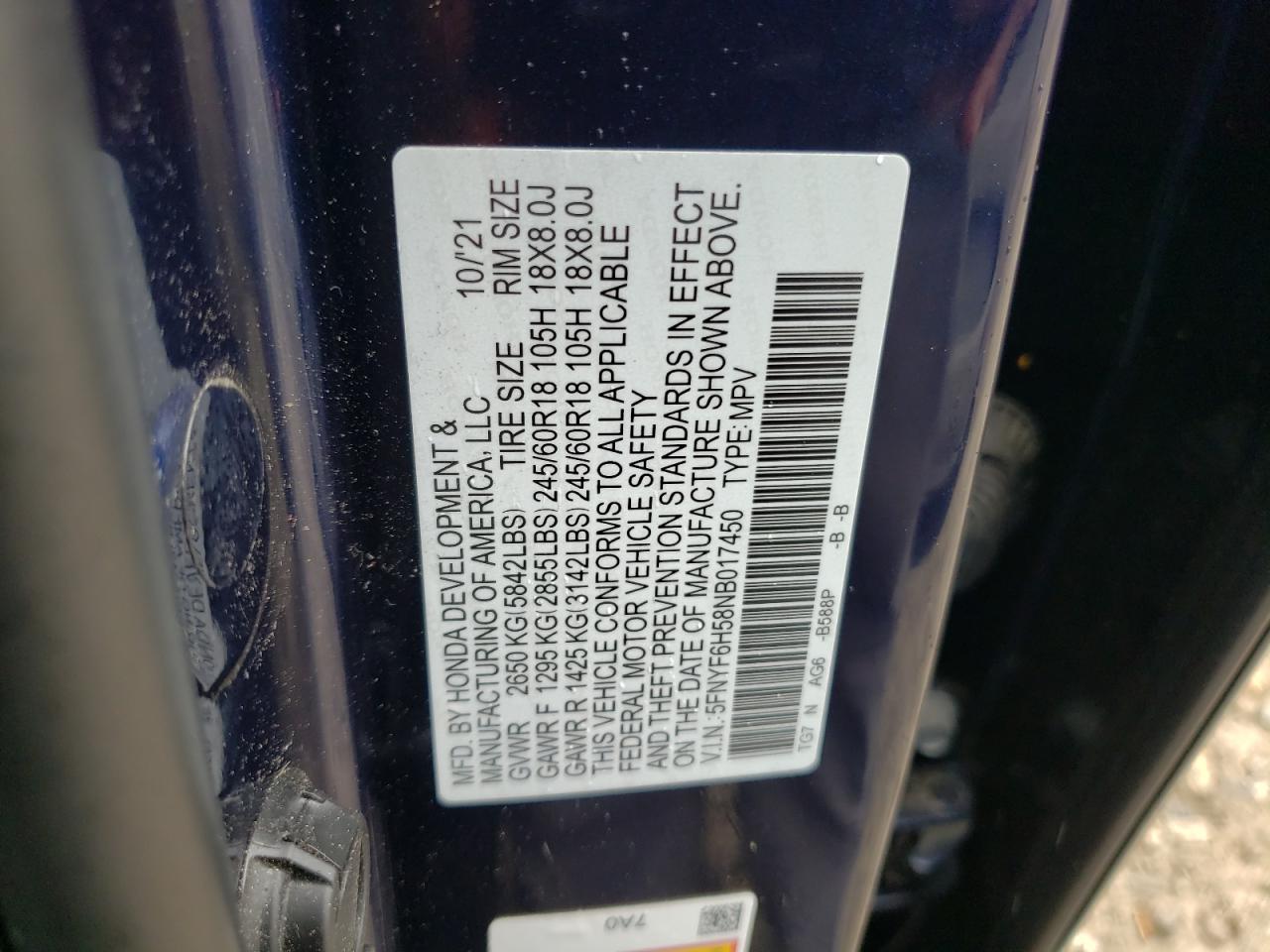 5FNYF6H58NB017450 2022 Honda Pilot Exl