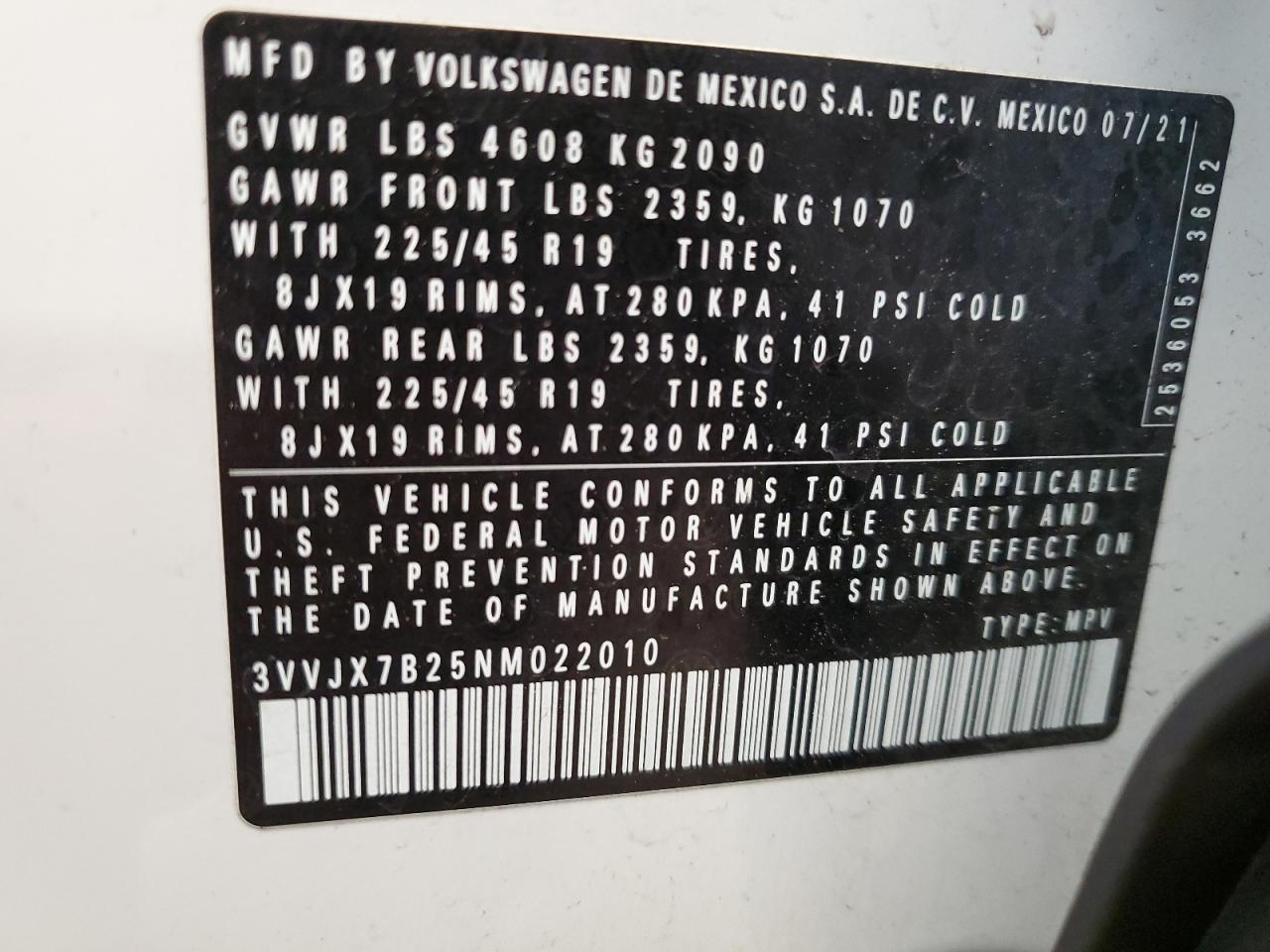 3VVJX7B25NM022010 2022 Volkswagen Taos Sel