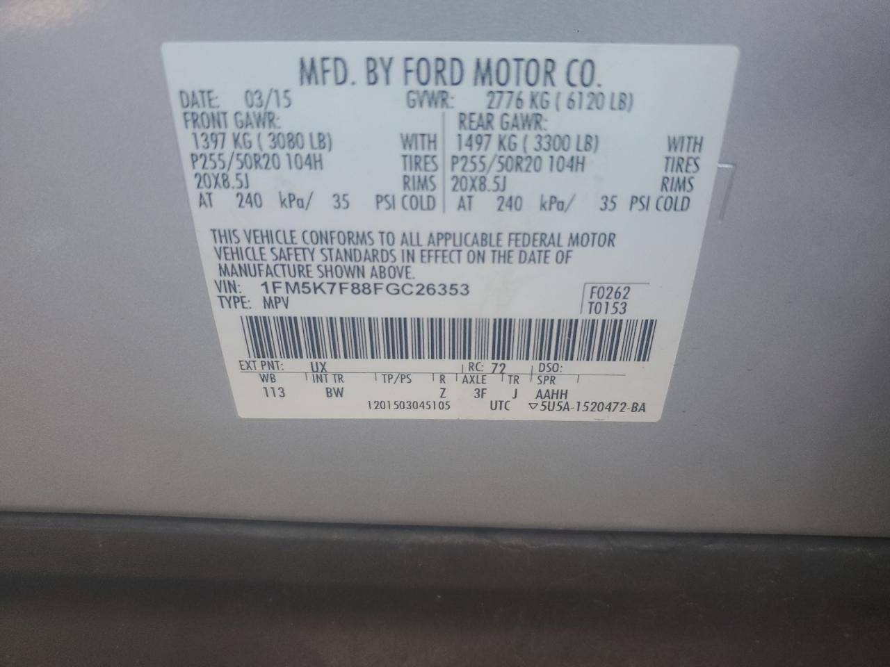 1FM5K7F88FGC26353 2015 Ford Explorer Limited