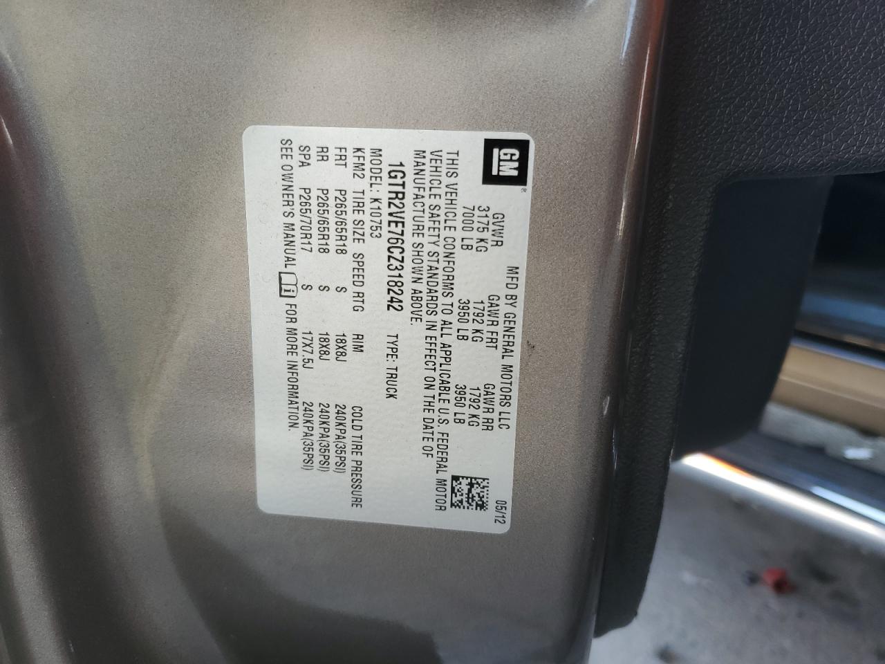 1GTR2VE76CZ318242 2012 GMC Sierra K1500 Sle