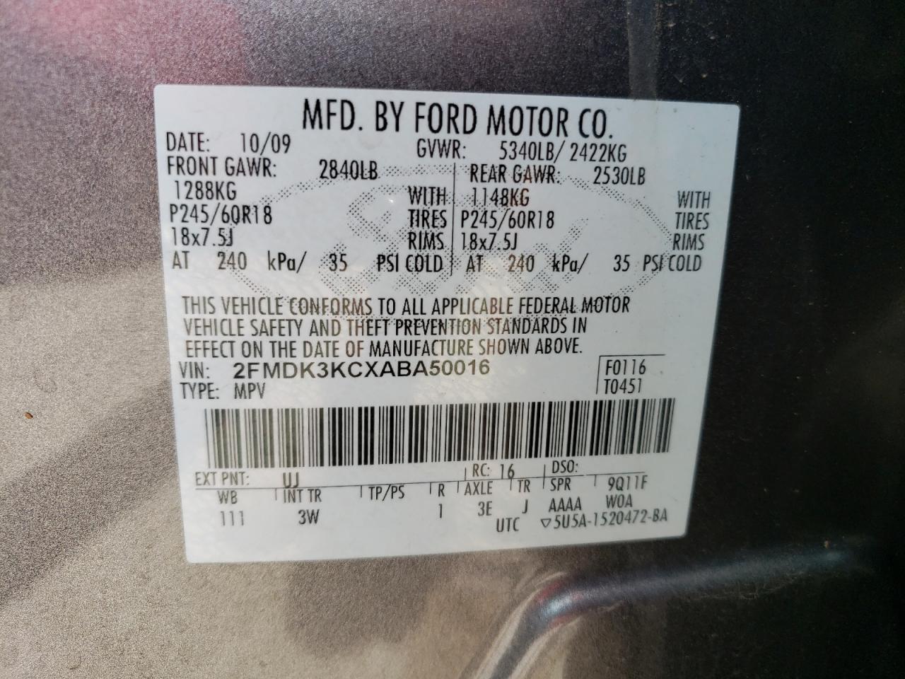 2FMDK3KCXABA50016 2010 Ford Edge Limited