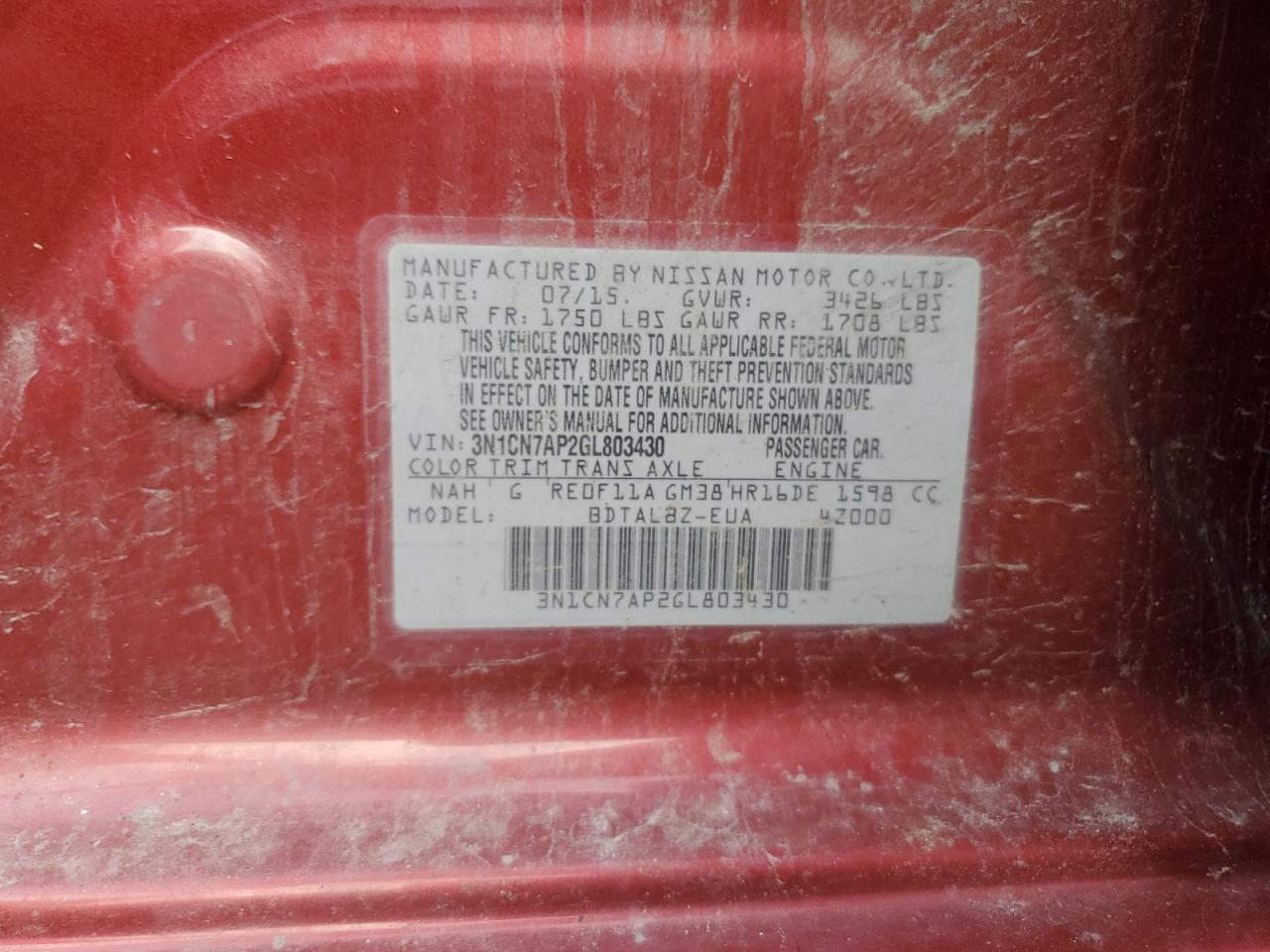 3N1CN7AP2GL803430 NISSAN VERSA 2016