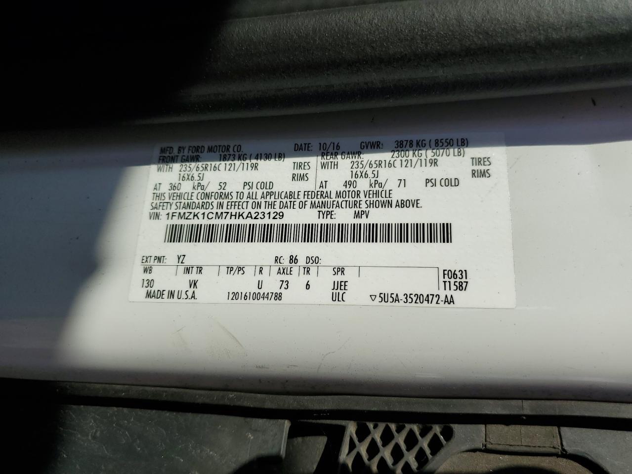 1FMZK1CM7HKA23129 FORD TRANSIT 2017