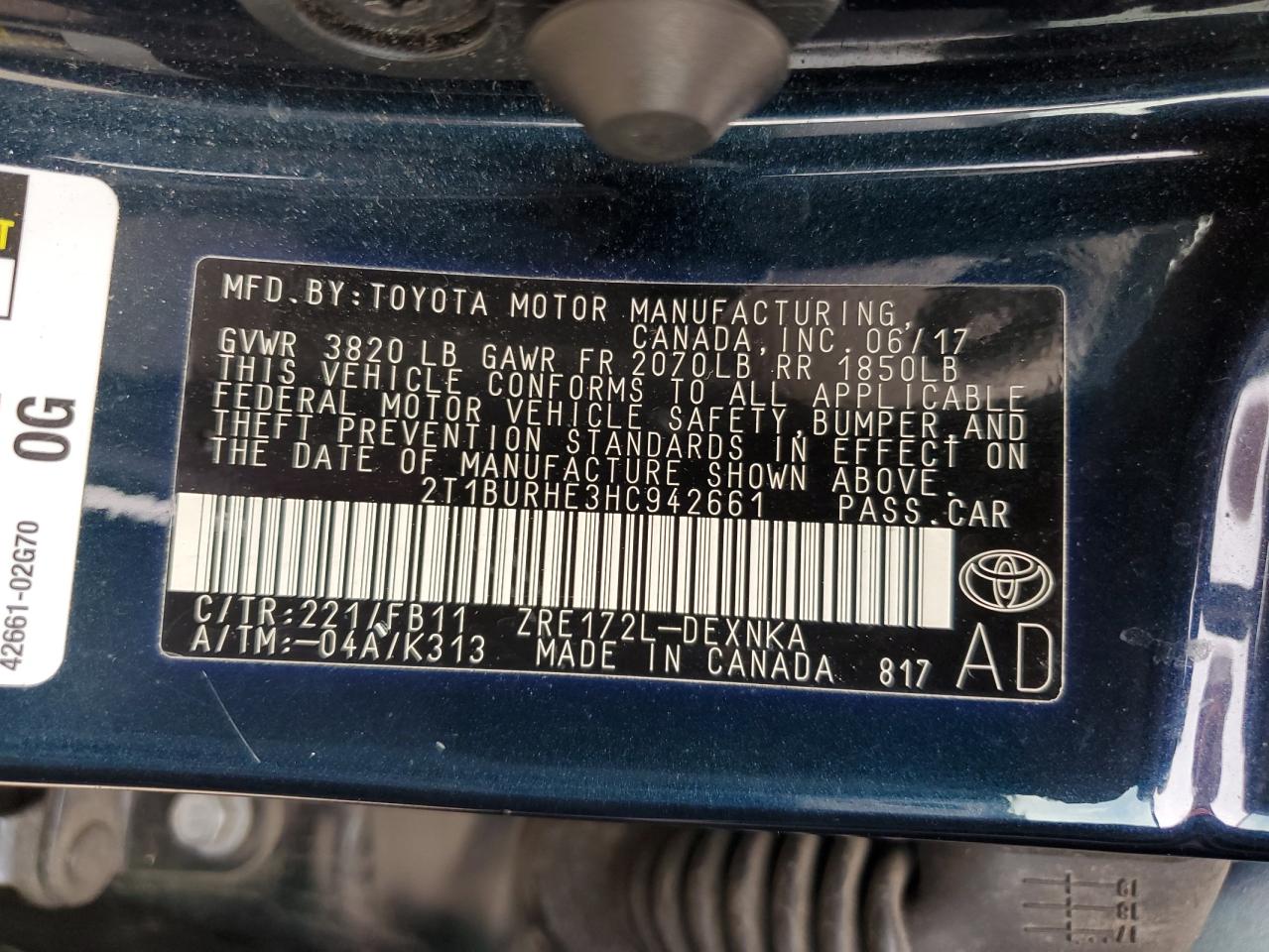 2T1BURHE3HC942661 TOYOTA COROLLA 2017