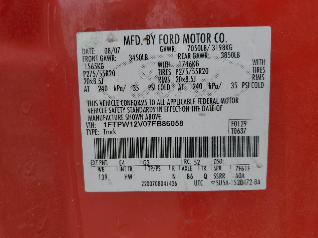 1FTPW12V07FB86058 2007 Ford F150 Supercrew