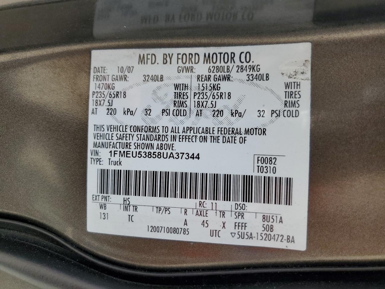 1FMEU53858UA37344 2008 Ford Explorer Sport Trac Limited