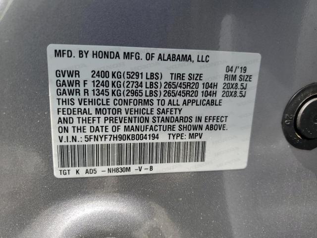 2019 Honda Passport Touring VIN: 5FNYF7H90KB004194 Lot: 58222344