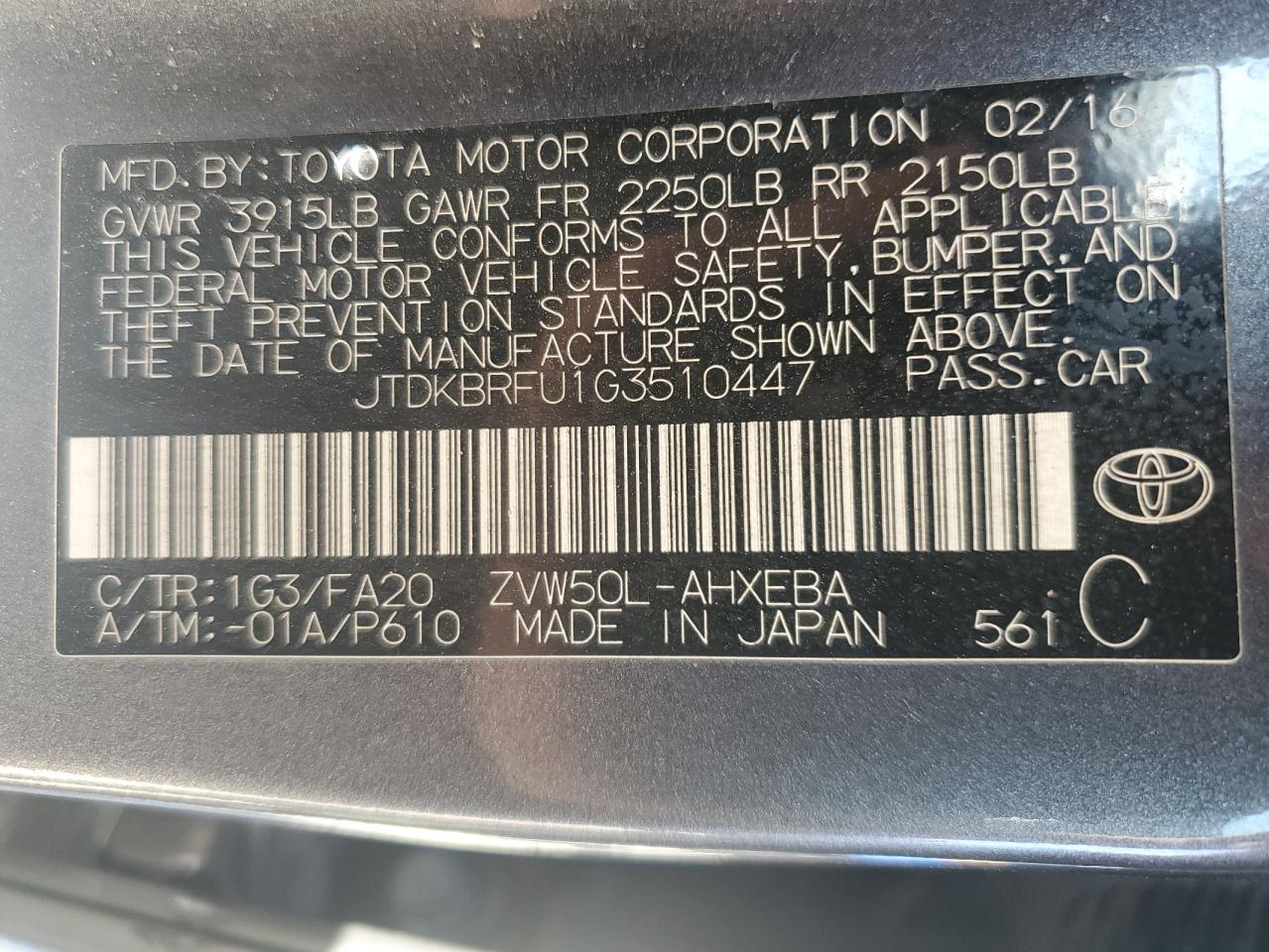 JTDKBRFU1G3510447 2016 Toyota Prius