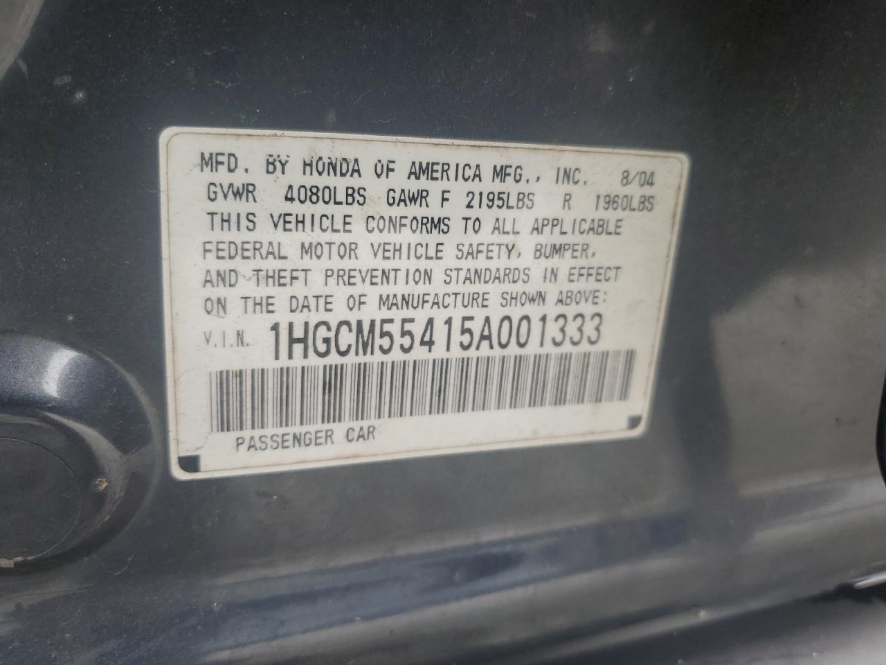 1HGCM55415A001333 2005 Honda Accord Lx